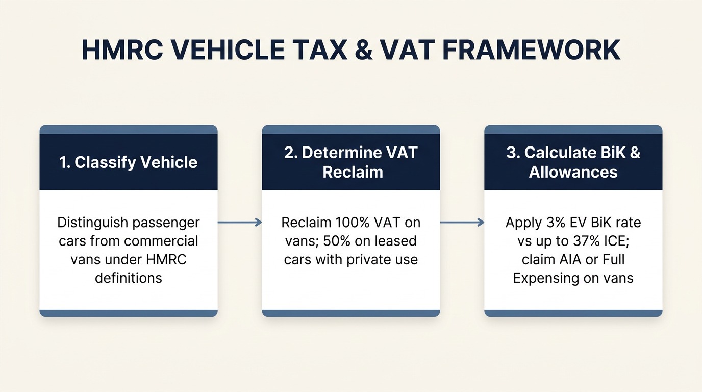 Flowchart showing the HMRC tax, VAT reclamation, and Benefit-in-Kind decision pathway for UK business cars and commercial vans