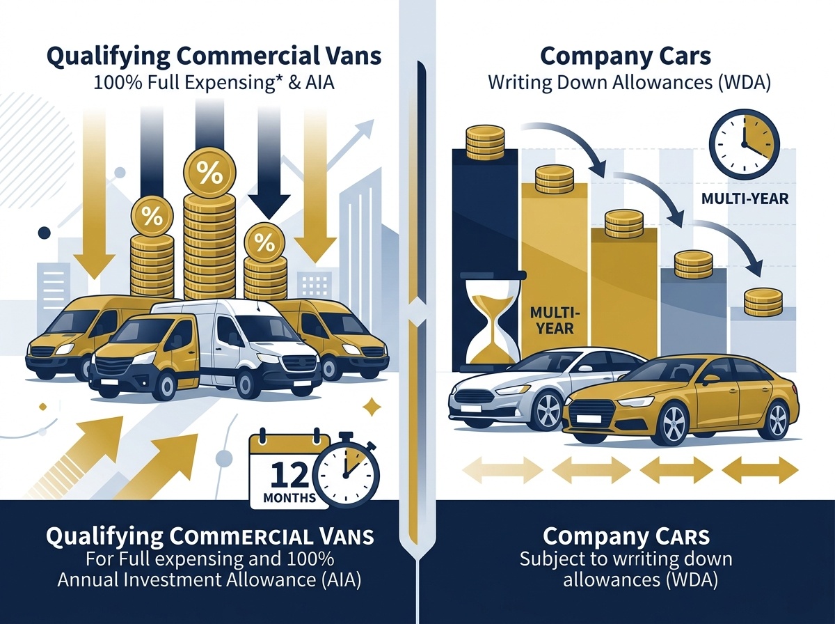 Flat vector editorial illustration comparing HMRC tax relief: commercial vans qualifying for 100% AIA and Full Expensing versus company cars on Writing Down Allowances
