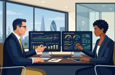 Flat vector editorial illustration of a UK business founder and chief financial officer analyzing real-time cash flow runway and credit facility metrics on dual monitors