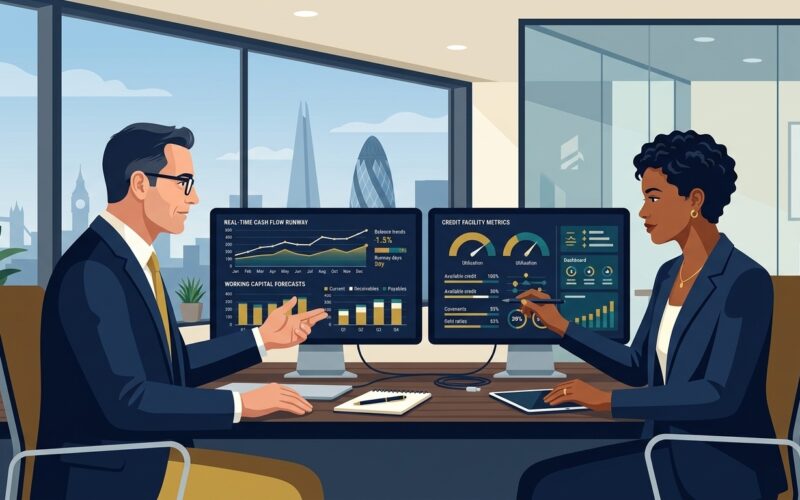 Flat vector editorial illustration of a UK business founder and chief financial officer analyzing real-time cash flow runway and credit facility metrics on dual monitors