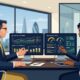 Flat vector editorial illustration of a UK business founder and chief financial officer analyzing real-time cash flow runway and credit facility metrics on dual monitors