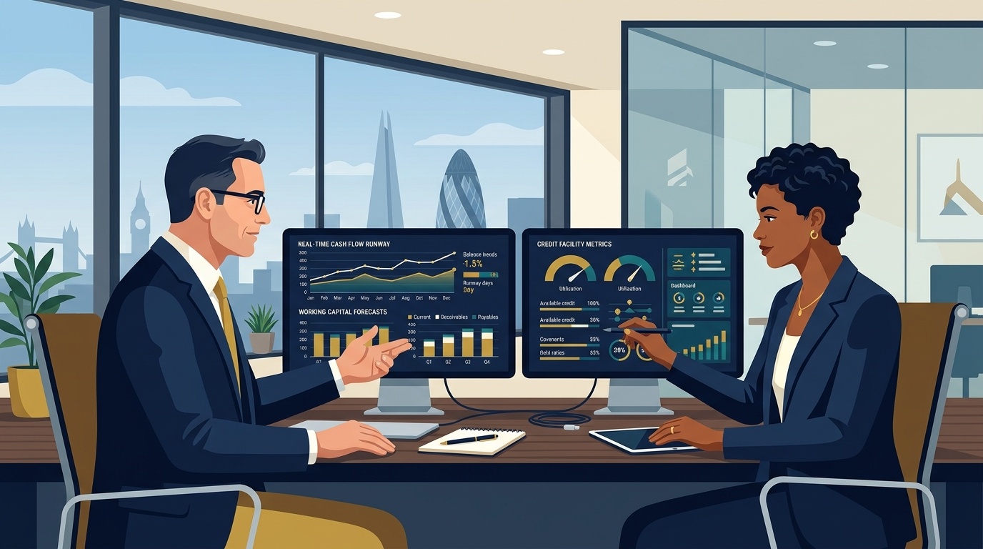 Flat vector editorial illustration of a UK business founder and chief financial officer analyzing real-time cash flow runway and credit facility metrics on dual monitors