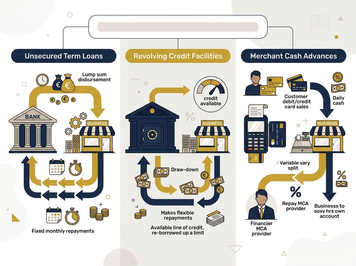 Flat vector editorial illustration comparing UK cash flow lending options: unsecured term loans, revolving credit facilities, and merchant cash advances