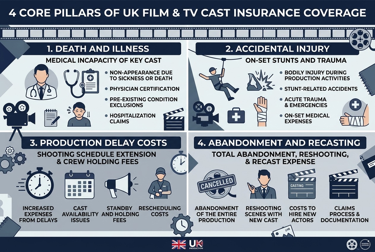 Infographic showing the 4 core pillars of UK cast insurance coverage: illness, injury, delay costs, and abandonment