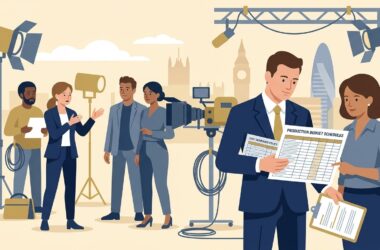 Cast insurance UK guide showing film production crew and actors on set in London