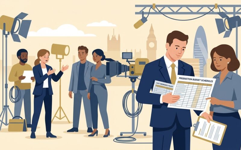Cast insurance UK guide showing film production crew and actors on set in London
