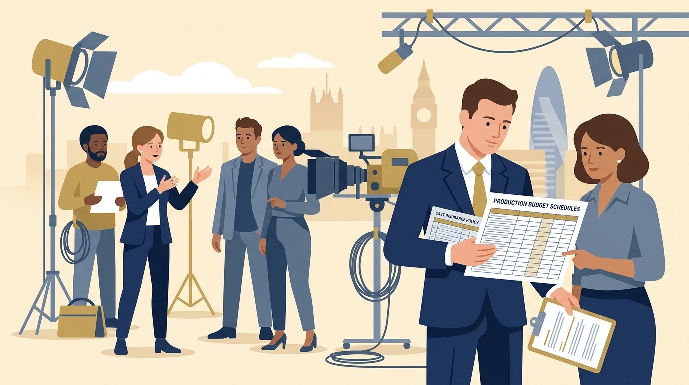 Cast insurance UK guide showing film production crew and actors on set in London