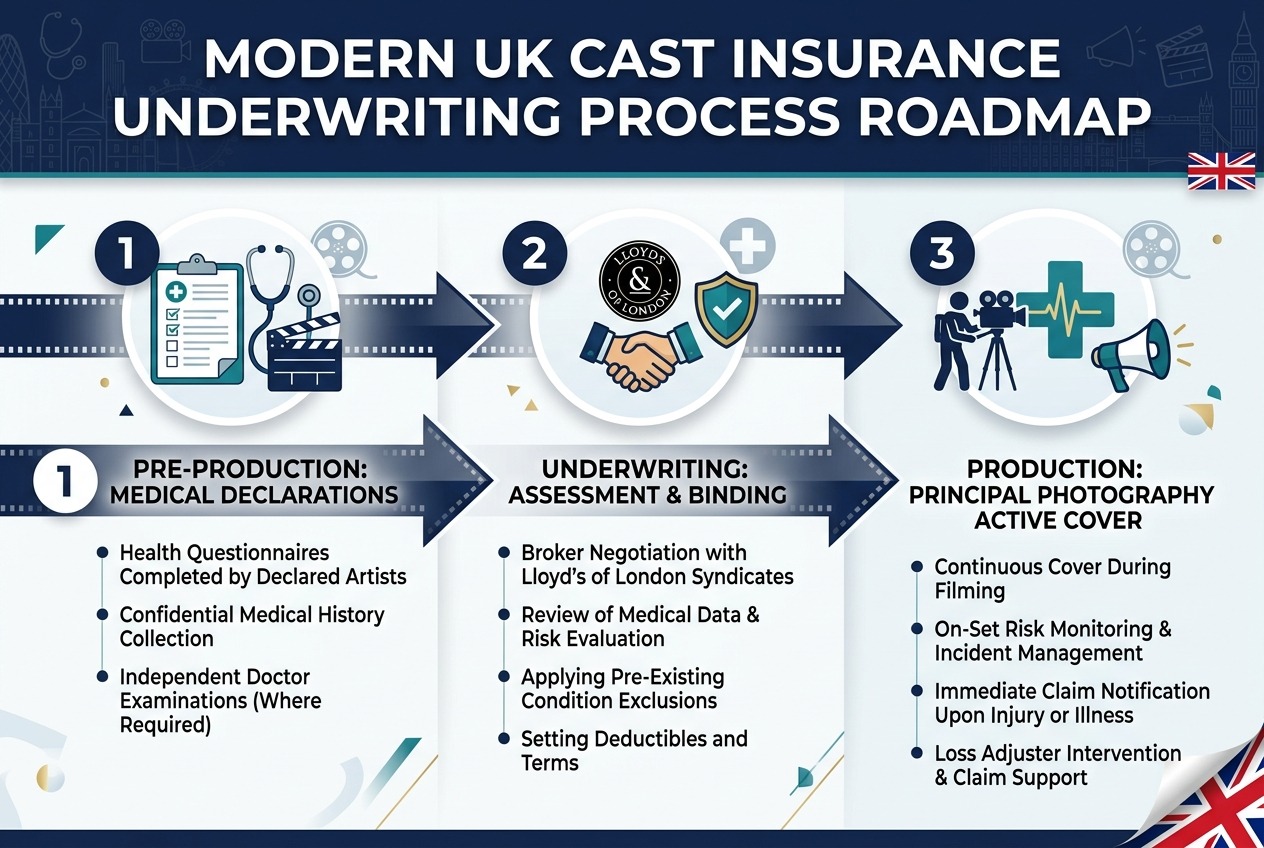 Step-by-step roadmap of the cast insurance underwriting process from medical declarations to binding and active shoot cover