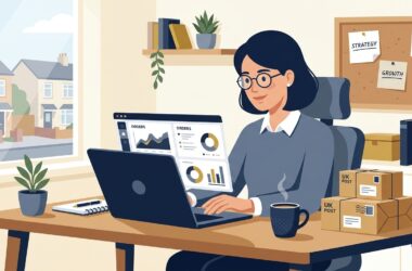 Flat vector editorial illustration of a UK entrepreneur managing a home based online business with laptop and order parcels