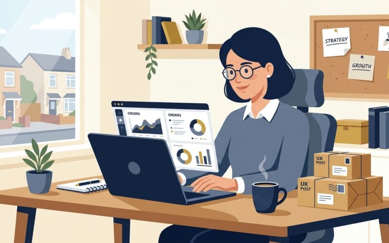 Flat vector editorial illustration of a UK entrepreneur managing a home based online business with laptop and order parcels