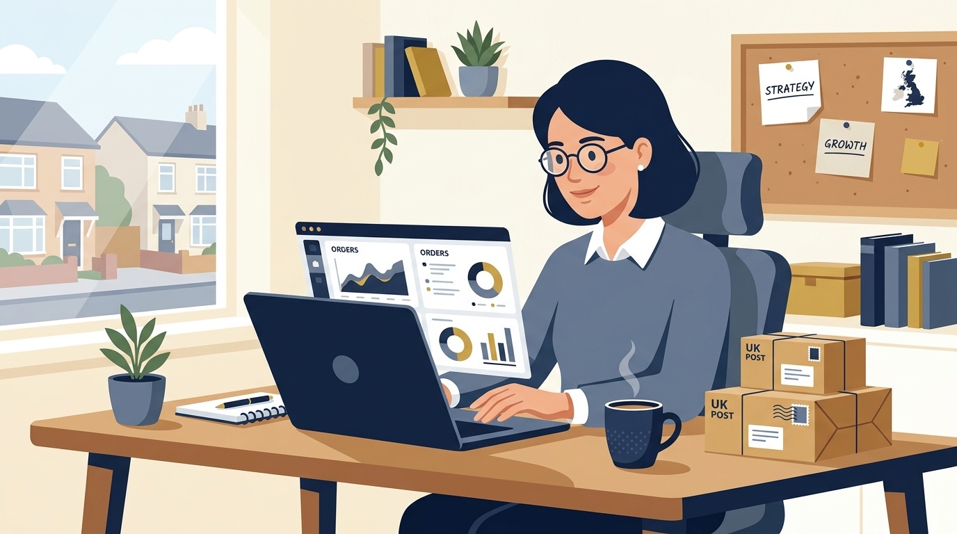 Flat vector editorial illustration of a UK entrepreneur managing a home based online business with laptop and order parcels
