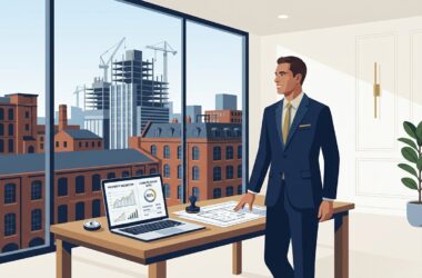 Commercial bridging loans UK guide showing a British commercial property developer and bridging loan specialist reviewing auction finance and development terms on laptop