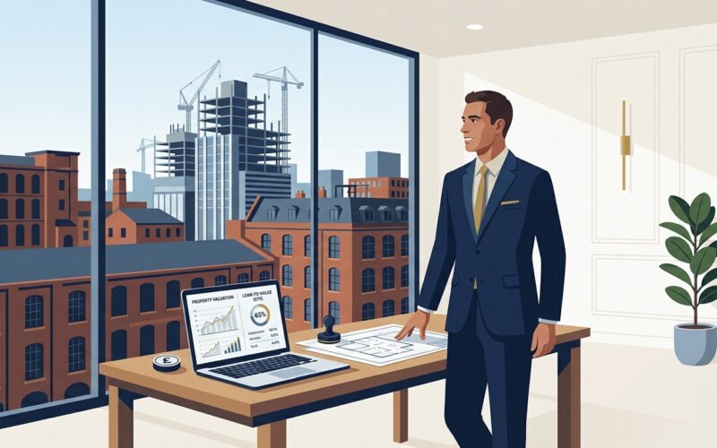 Commercial bridging loans UK guide showing a British commercial property developer and bridging loan specialist reviewing auction finance and development terms on laptop