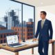 Commercial bridging loans UK guide showing a British commercial property developer and bridging loan specialist reviewing auction finance and development terms on laptop
