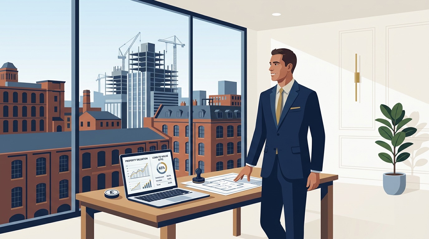 Commercial bridging loans UK guide showing a British commercial property developer and bridging loan specialist reviewing auction finance and development terms on laptop