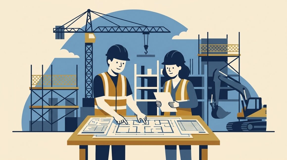Flat vector editorial illustration of a building contractor and project manager reviewing blueprints on a UK construction site