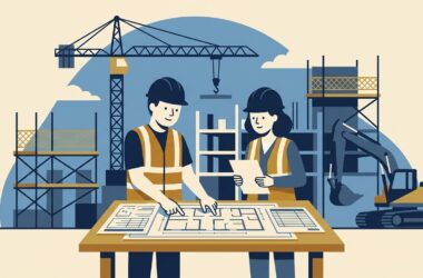 Flat vector editorial illustration of a building contractor and project manager reviewing blueprints on a UK construction site