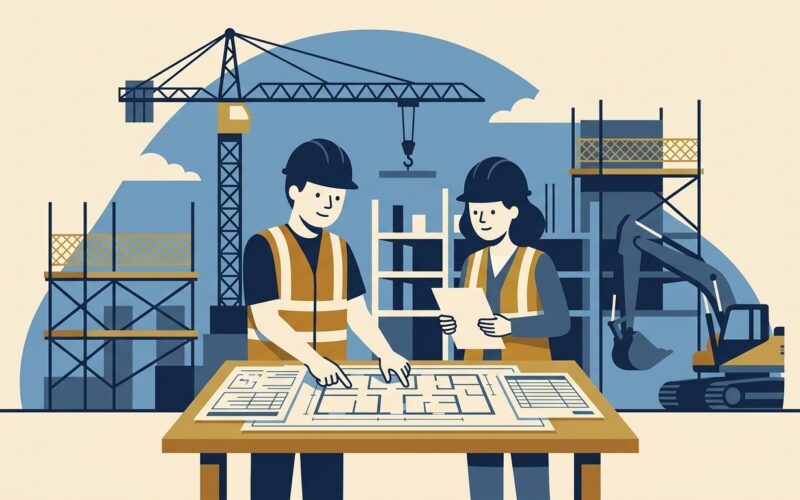 Flat vector editorial illustration of a building contractor and project manager reviewing blueprints on a UK construction site