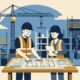 Flat vector editorial illustration of a building contractor and project manager reviewing blueprints on a UK construction site