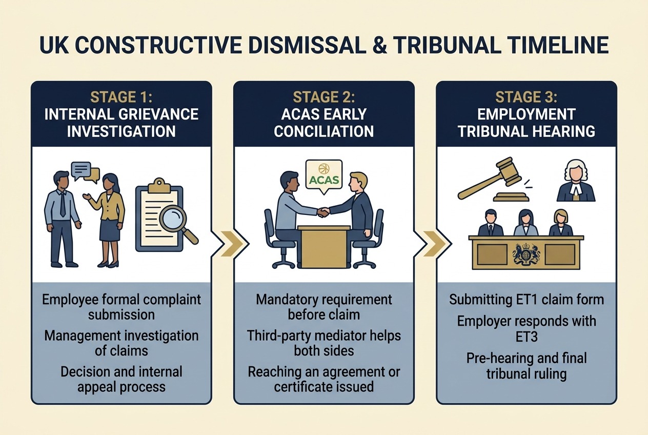 Illustrated 3-Stage Workplace Dispute Resolution and ACAS Tribunal Timeline Roadmap