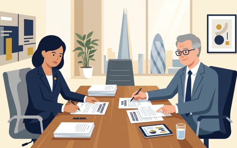 UK Managing Director and Senior HR Director Reviewing Employment Contract and ACAS Dispute Paperwork