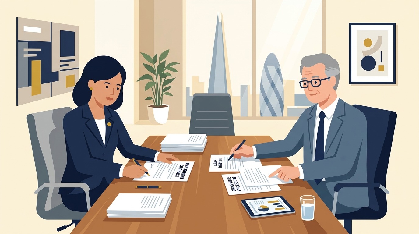 UK Managing Director and Senior HR Director Reviewing Employment Contract and ACAS Dispute Paperwork