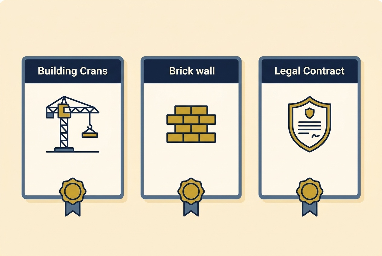 Flat vector infographic comparing contractors all risks, public liability, and hired-in plant insurance covers for UK construction