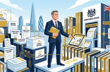 Flat vector editorial illustration of a UK business director navigating corporate administrative compliance and Companies House public record filings