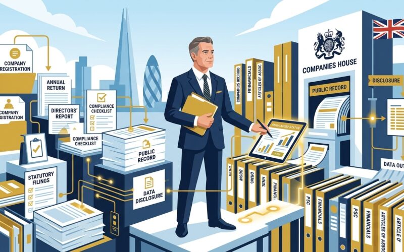 Flat vector editorial illustration of a UK business director navigating corporate administrative compliance and Companies House public record filings