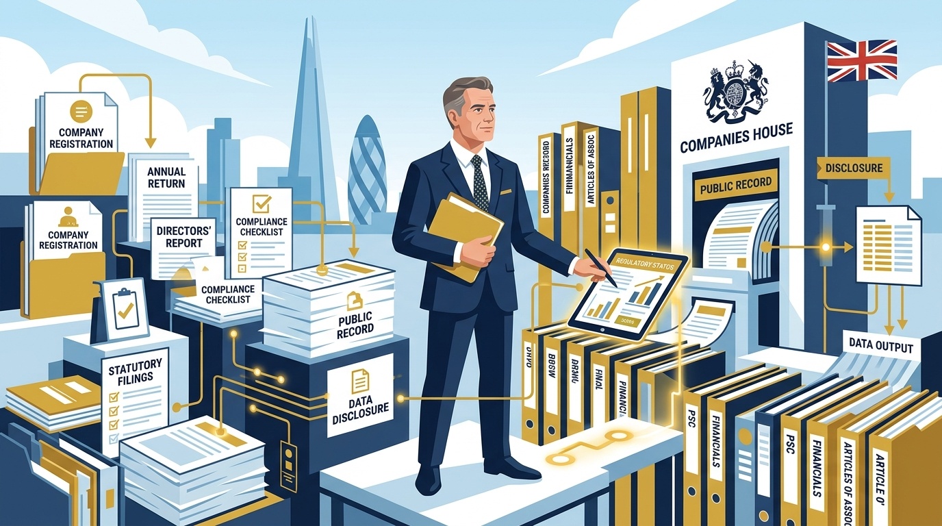 Flat vector editorial illustration of a UK business director navigating corporate administrative compliance and Companies House public record filings
