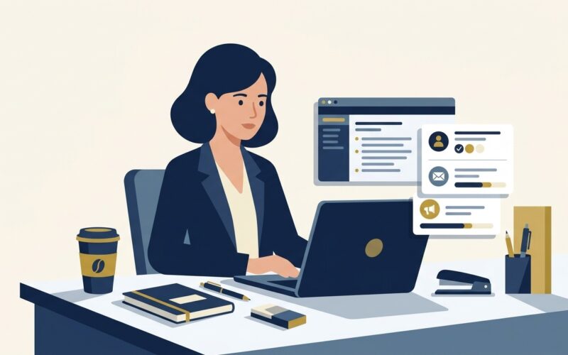 Flat vector editorial illustration of a sales operations manager standardizing CRM customer contact notes