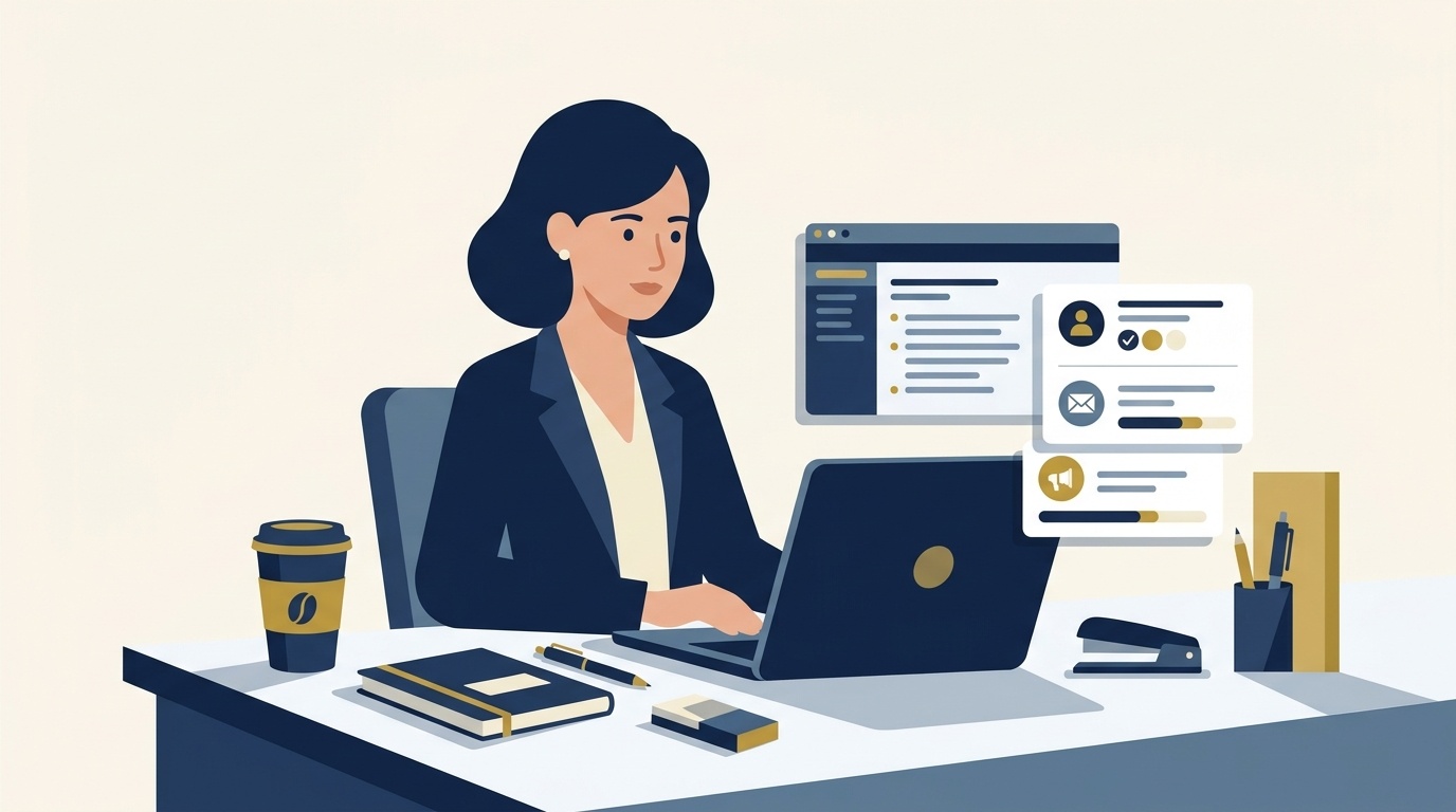 Flat vector editorial illustration of a sales operations manager standardizing CRM customer contact notes