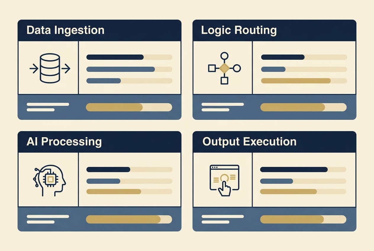 Vector infographic showing four enterprise automation tiers: ingestion, routing, processing, and execution
