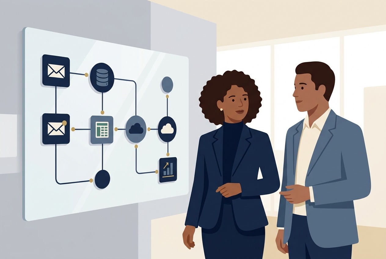 Illustration of two business leaders examining an automated workflow process map connecting CRM and data channels
