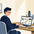 Flat vector illustration of a business executive evaluating droven.io ai for business workflows on a laptop in a modern office