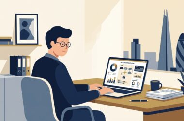 Flat vector illustration of a business executive evaluating droven.io ai for business workflows on a laptop in a modern office
