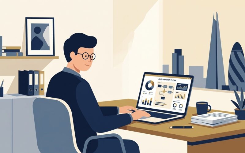 Flat vector illustration of a business executive evaluating droven.io ai for business workflows on a laptop in a modern office