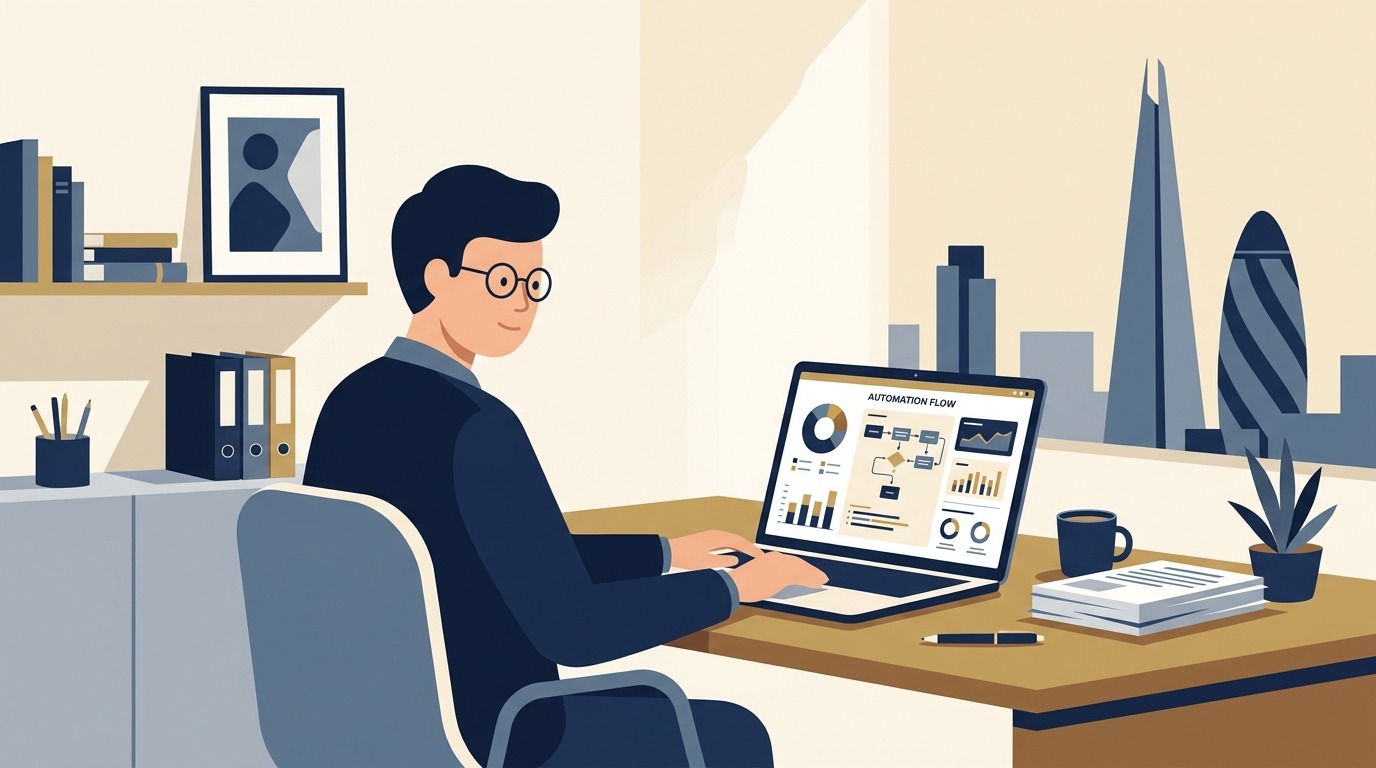 Flat vector illustration of a business executive evaluating droven.io ai for business workflows on a laptop in a modern office