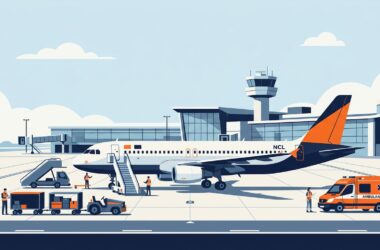 EasyJet flight U2238 emergency landing at Newcastle guide showing commercial passenger airliner on tarmac with airport emergency response vehicles