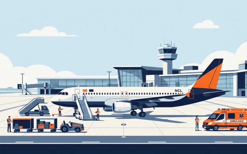 EasyJet flight U2238 emergency landing at Newcastle guide showing commercial passenger airliner on tarmac with airport emergency response vehicles