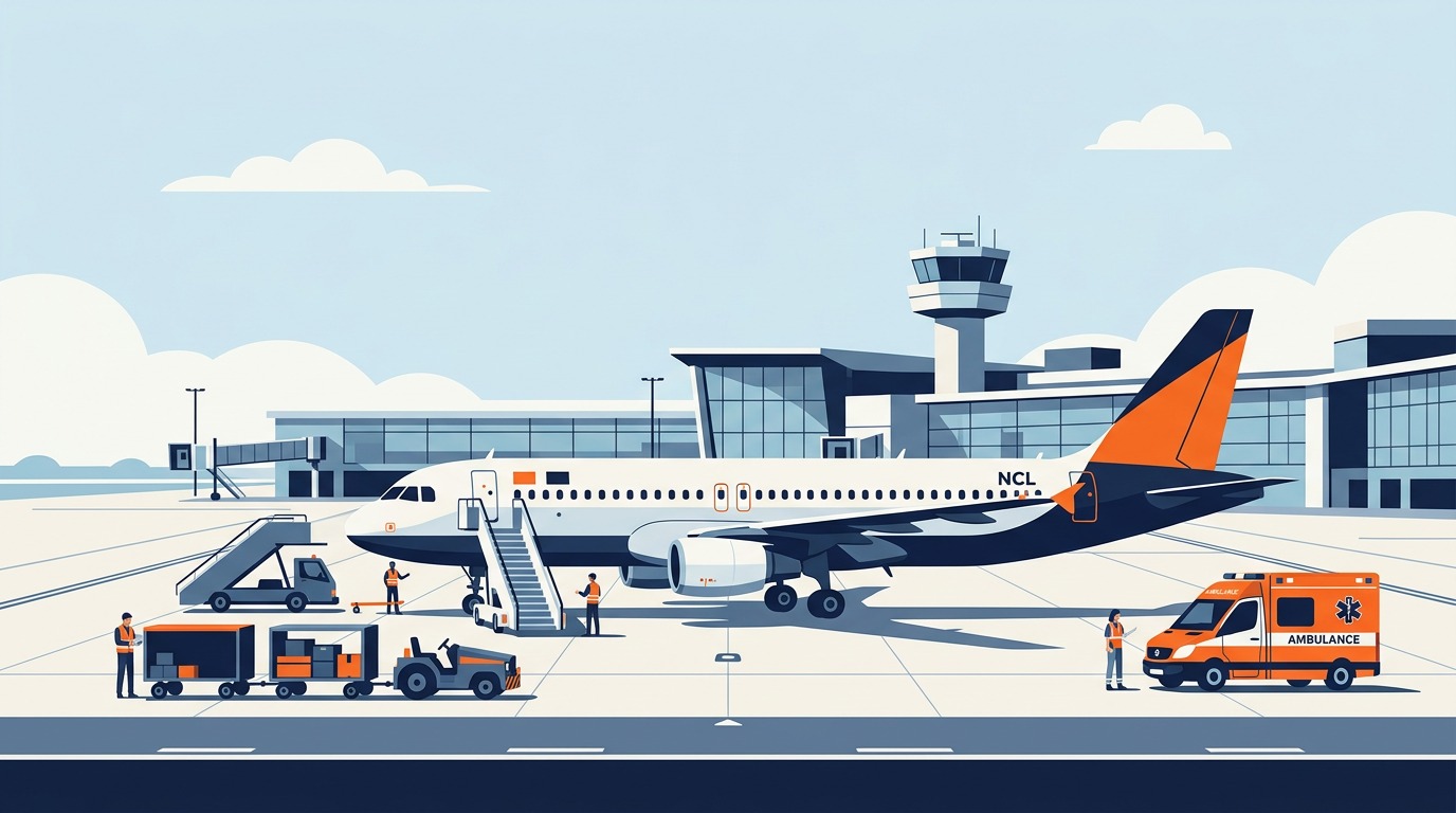 EasyJet flight U2238 emergency landing at Newcastle guide showing commercial passenger airliner on tarmac with airport emergency response vehicles