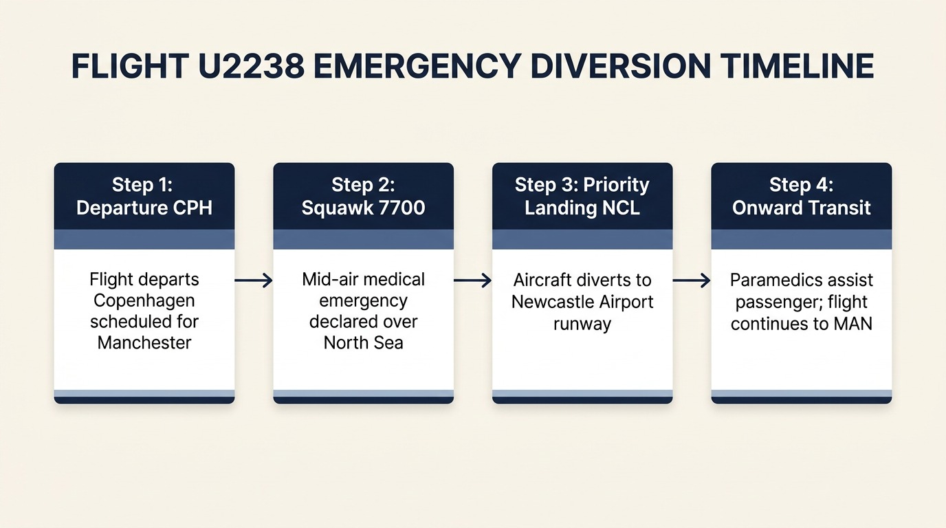 Process diagram showing the timeline of EasyJet flight U2238 emergency landing from Copenhagen departure to Newcastle diversion and Manchester arrival