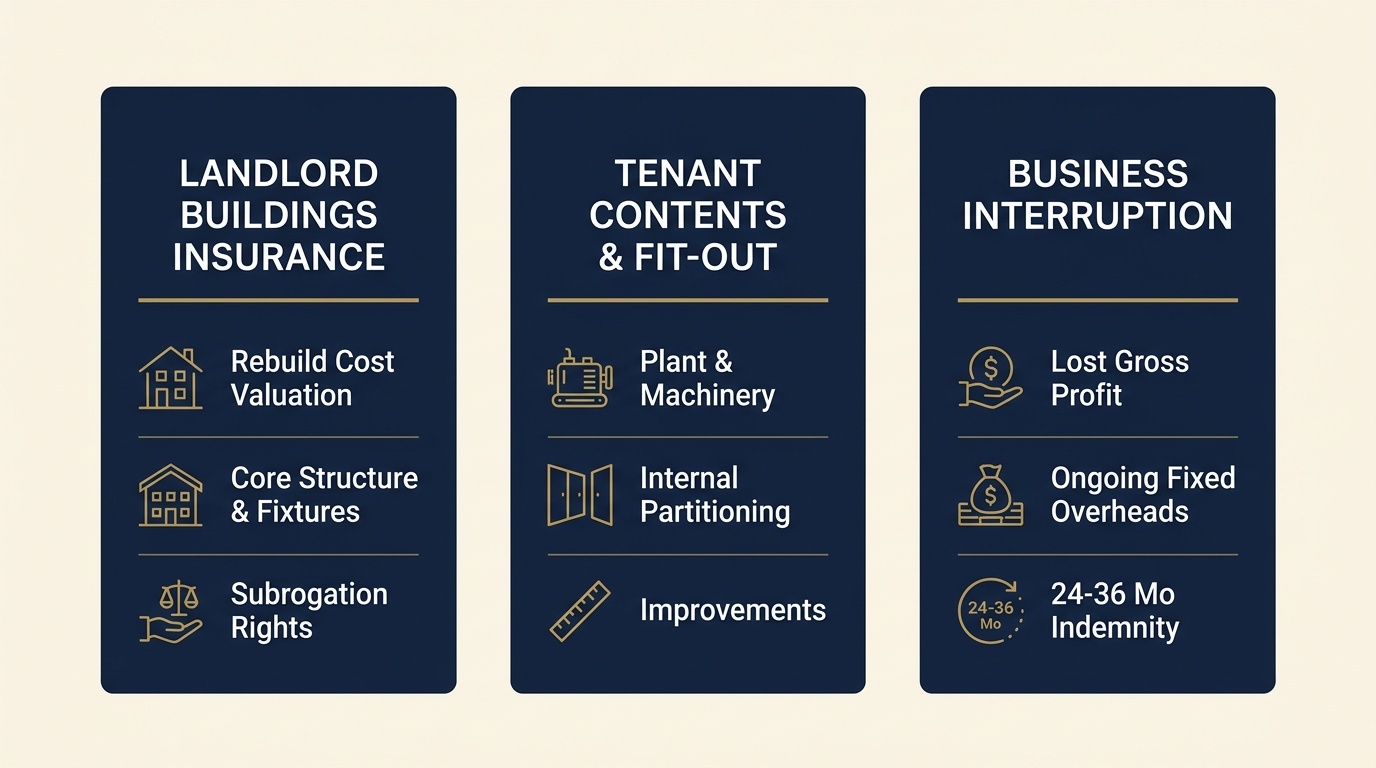 Comparison Matrix of Commercial Property Insurance Types: Landlord Buildings vs Tenant Fit-Out vs Business Interruption
