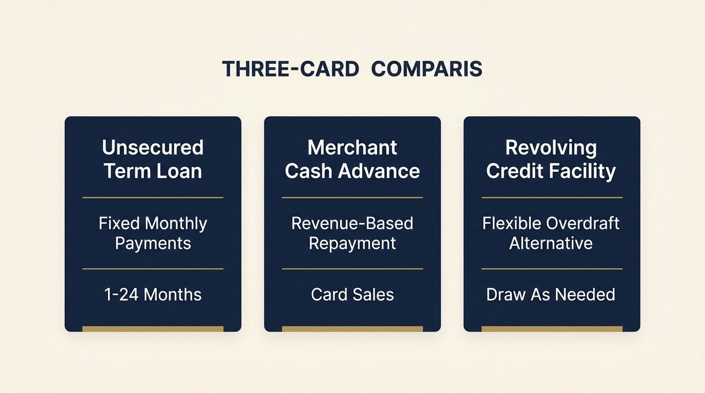 Comparison Matrix of UK Short Term Business Loans: Unsecured Term Loans vs Merchant Cash Advance vs Revolving Credit