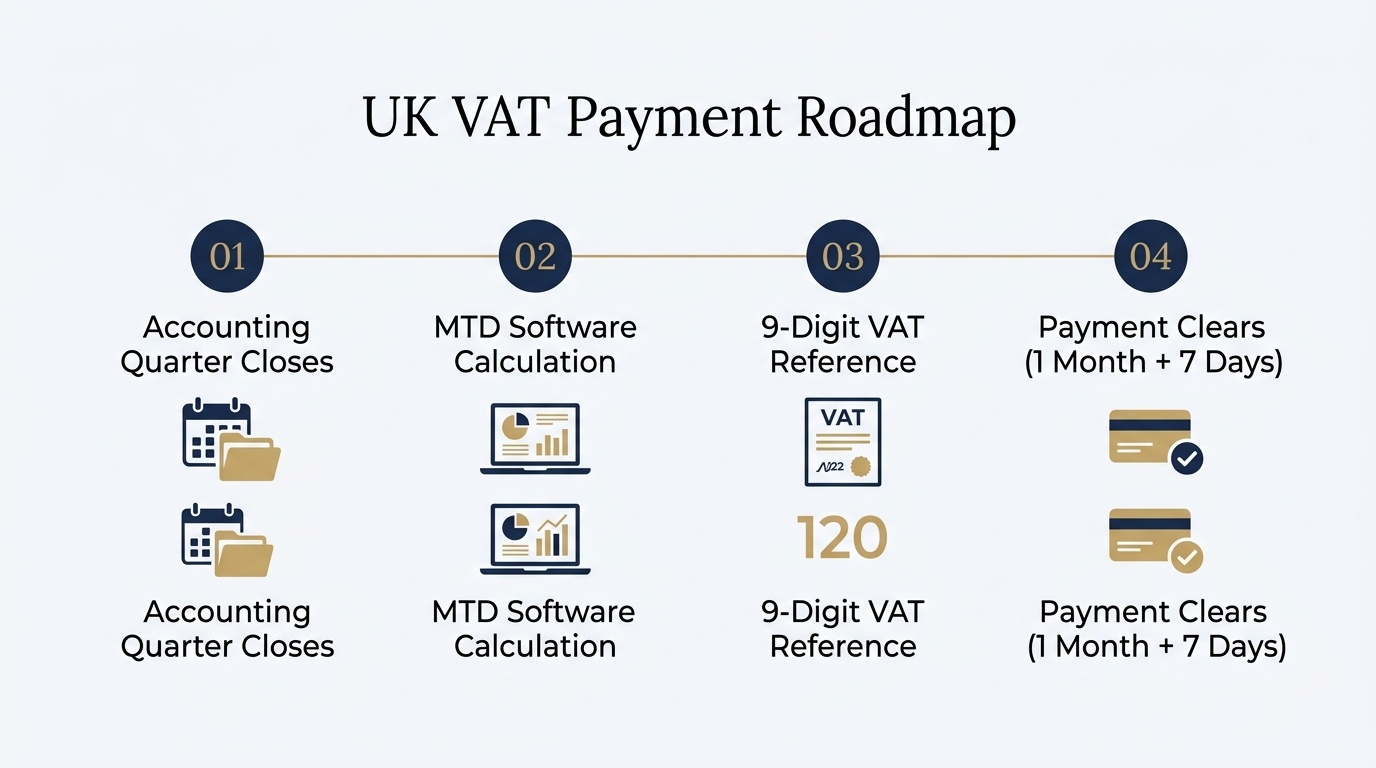 4-Step UK VAT Quarterly Payment Pathway: Quarter Close, MTD Software, 9-Digit Reference and Settlement