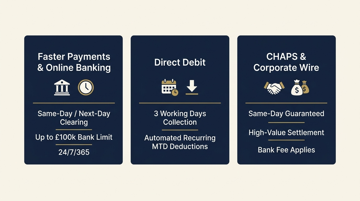 Comparison Matrix of UK VAT Payment Methods: Faster Payments vs Direct Debit vs CHAPS