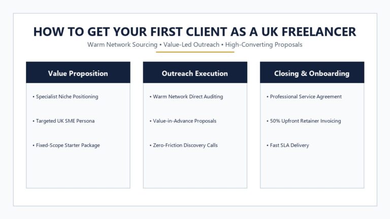 HOW TO GET YOUR FIRST CLIENT AS A UK FREELANCER Vector Guide and Executive Editorial Overview