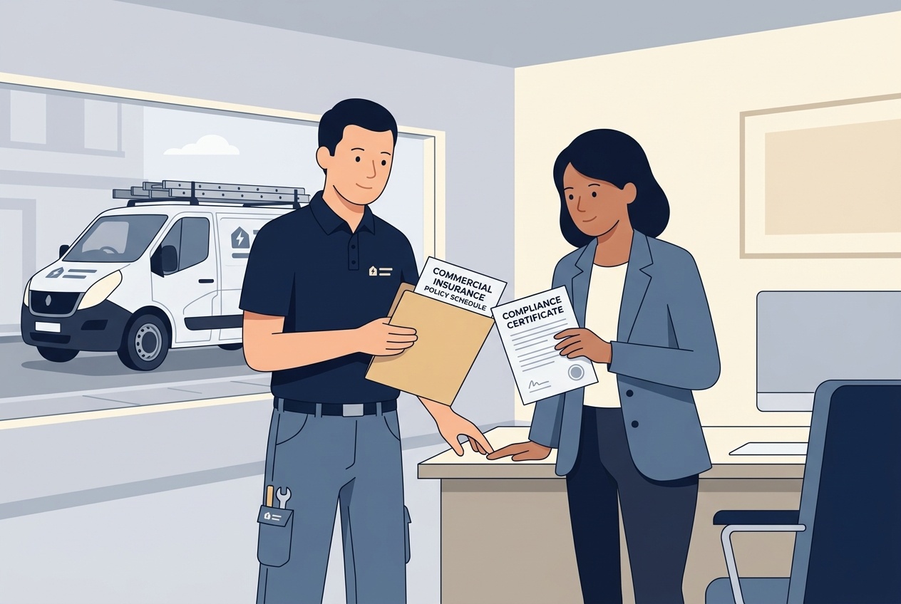 Flat vector illustration of an electrical contractor presenting insurance schedules and safety certificates to a commercial client