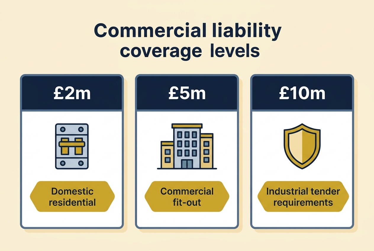 Flat vector infographic comparing commercial public liability indemnity levels of two million, five million, and ten million pounds