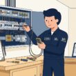 Flat vector editorial illustration of a certified electrician inspecting a commercial distribution board in the UK